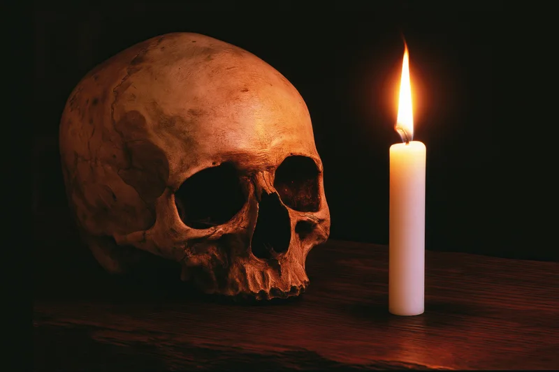 Weathered human skull beside a lit candle on dark wooden surface