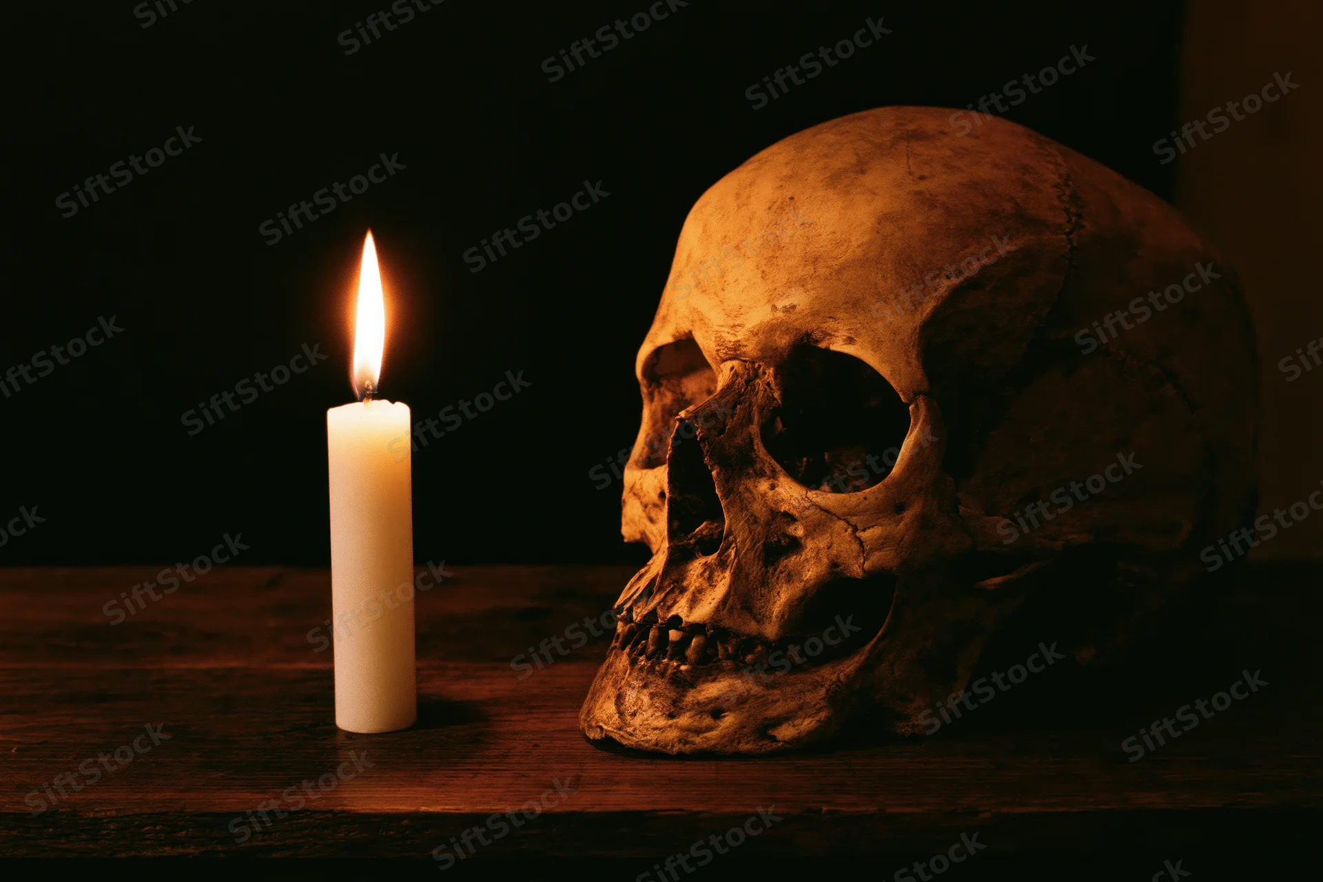 Weathered human skull beside a lit candle on a dark wooden surface