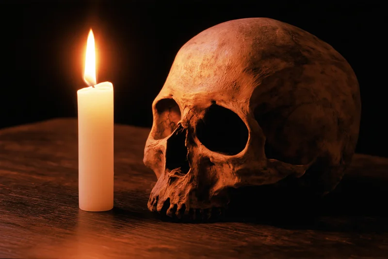 Human skull resting beside a lit candle on a dark wooden surface