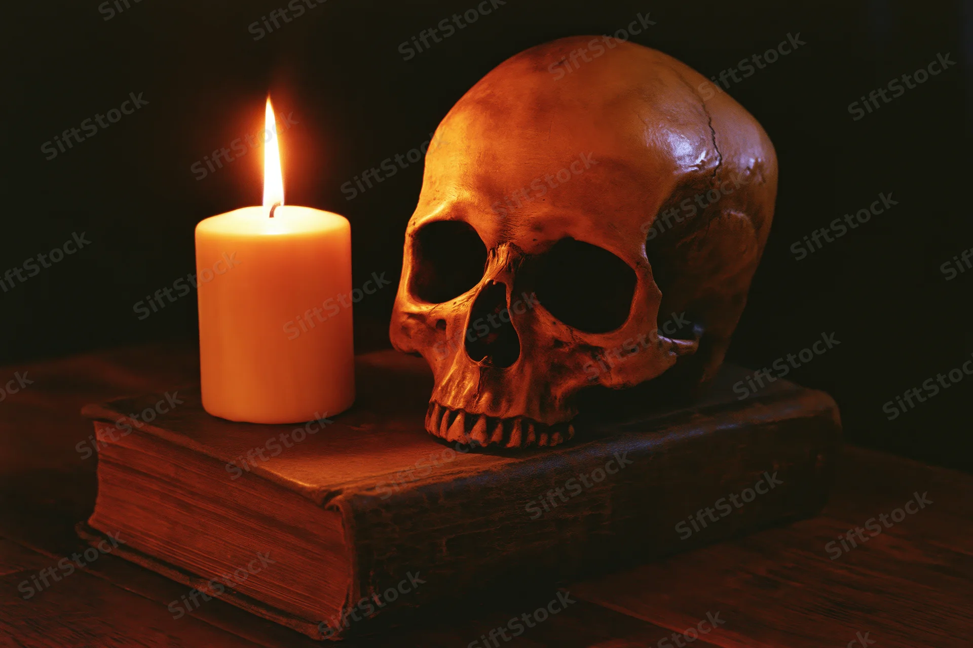 Human skull resting on old leather-bound book beside lit candle in dark setting