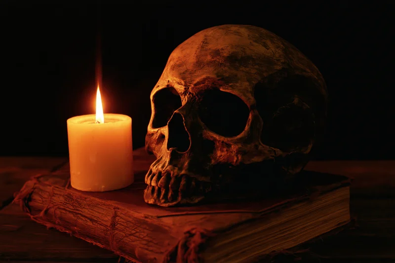 Human skull resting on old leather-bound book beside lit candle in dark setting