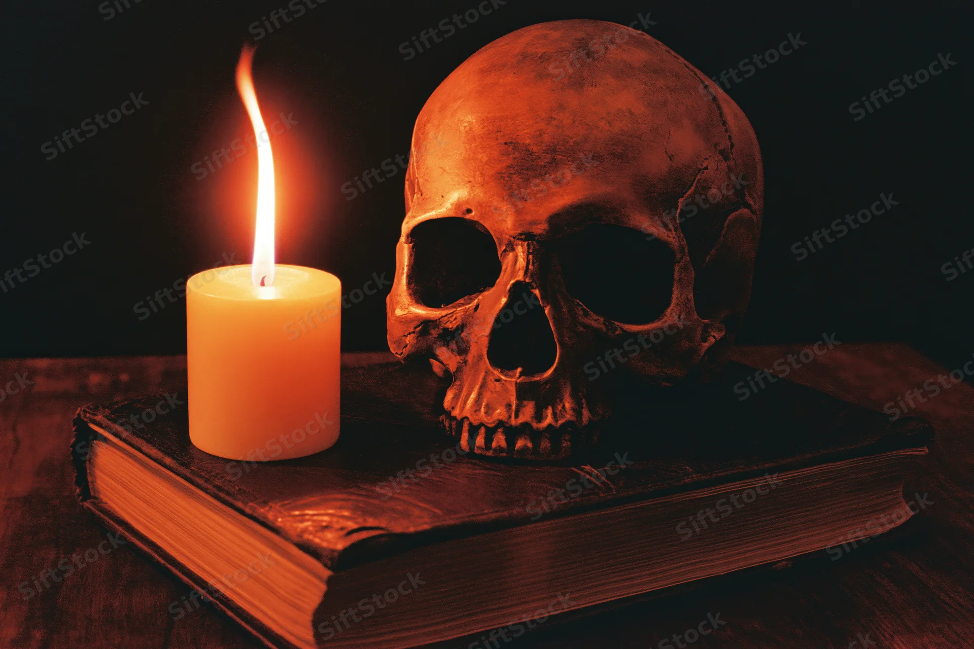 Human skull resting on old leather-bound book beside lit candle on wooden table