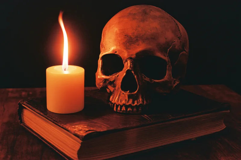 Human skull resting on old leather-bound book beside lit candle on wooden table