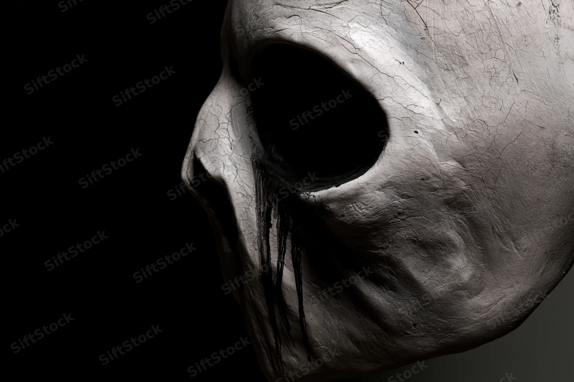 Weathered latex skull mask in profile against black background with dark streaks dripping from eye socket
