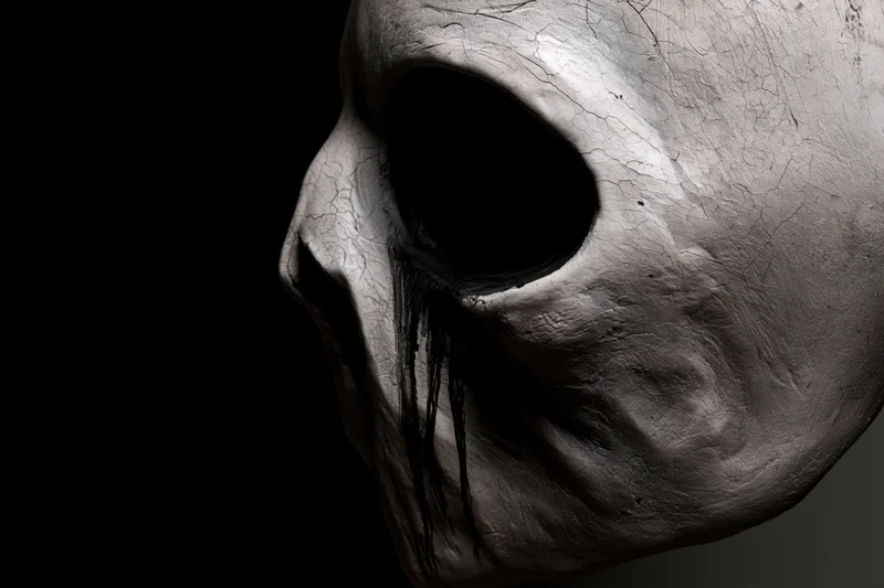 Weathered latex skull mask in profile against black background with dark streaks dripping from eye socket