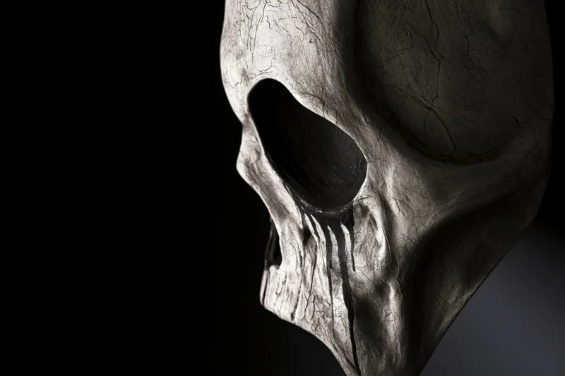 Weathered latex skull mask in profile against black background