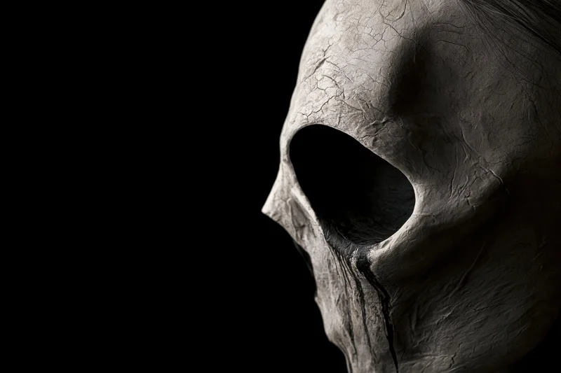 Weathered latex skull mask in profile against black background