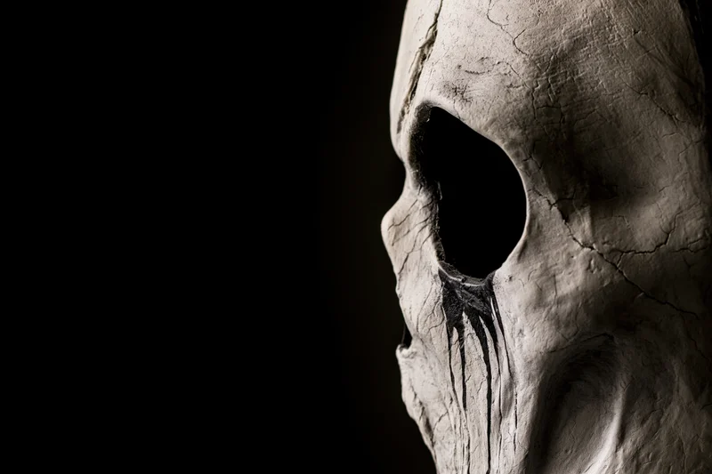 Weathered latex horror mask in profile against black background