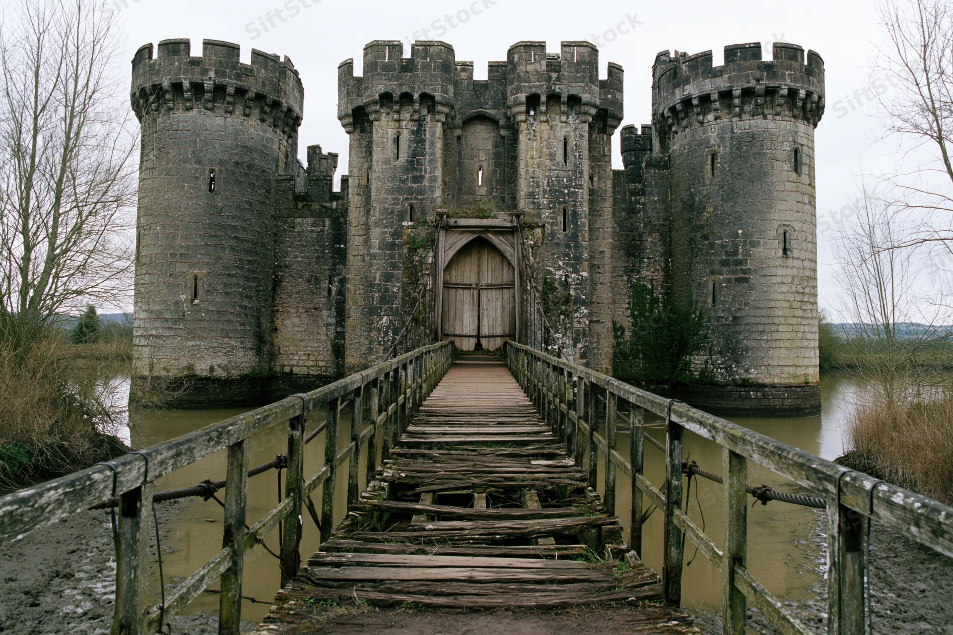 Weathered medieval stone castle with twin crenellated towers and wooden drawbridge over moat