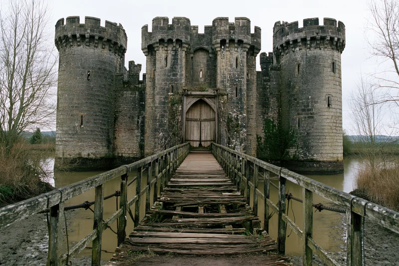 Weathered medieval stone castle with twin crenellated towers and wooden drawbridge over moat
