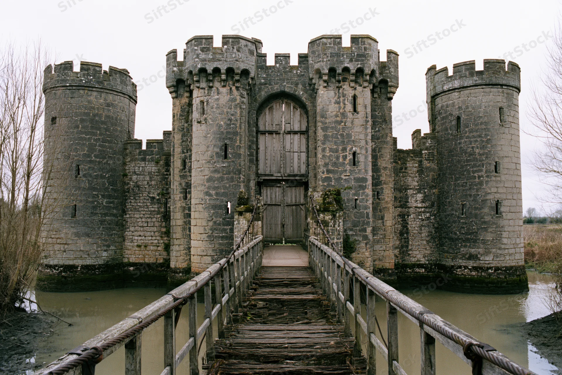 Stone castle with crenellated towers and wooden bridge over moat