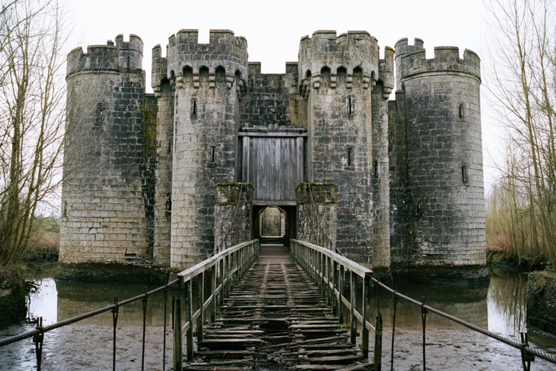 Weathered medieval stone castle with twin crenellated towers and wooden drawbridge over moat