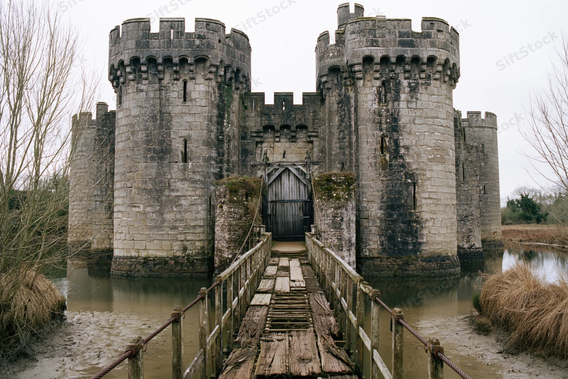 Weathered medieval stone castle with twin crenellated towers and wooden bridge over moat