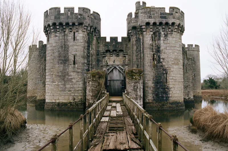 Weathered medieval stone castle with twin crenellated towers and wooden bridge over moat