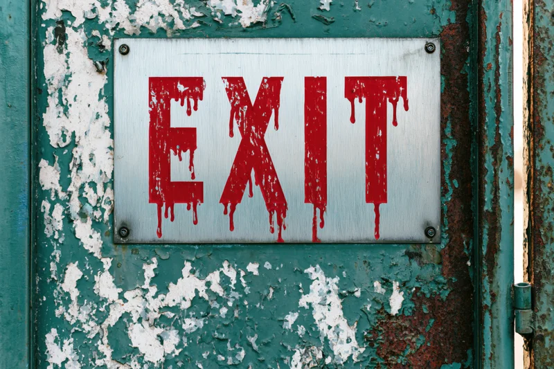 Weathered metal exit sign with red dripping paint on a rusted green door