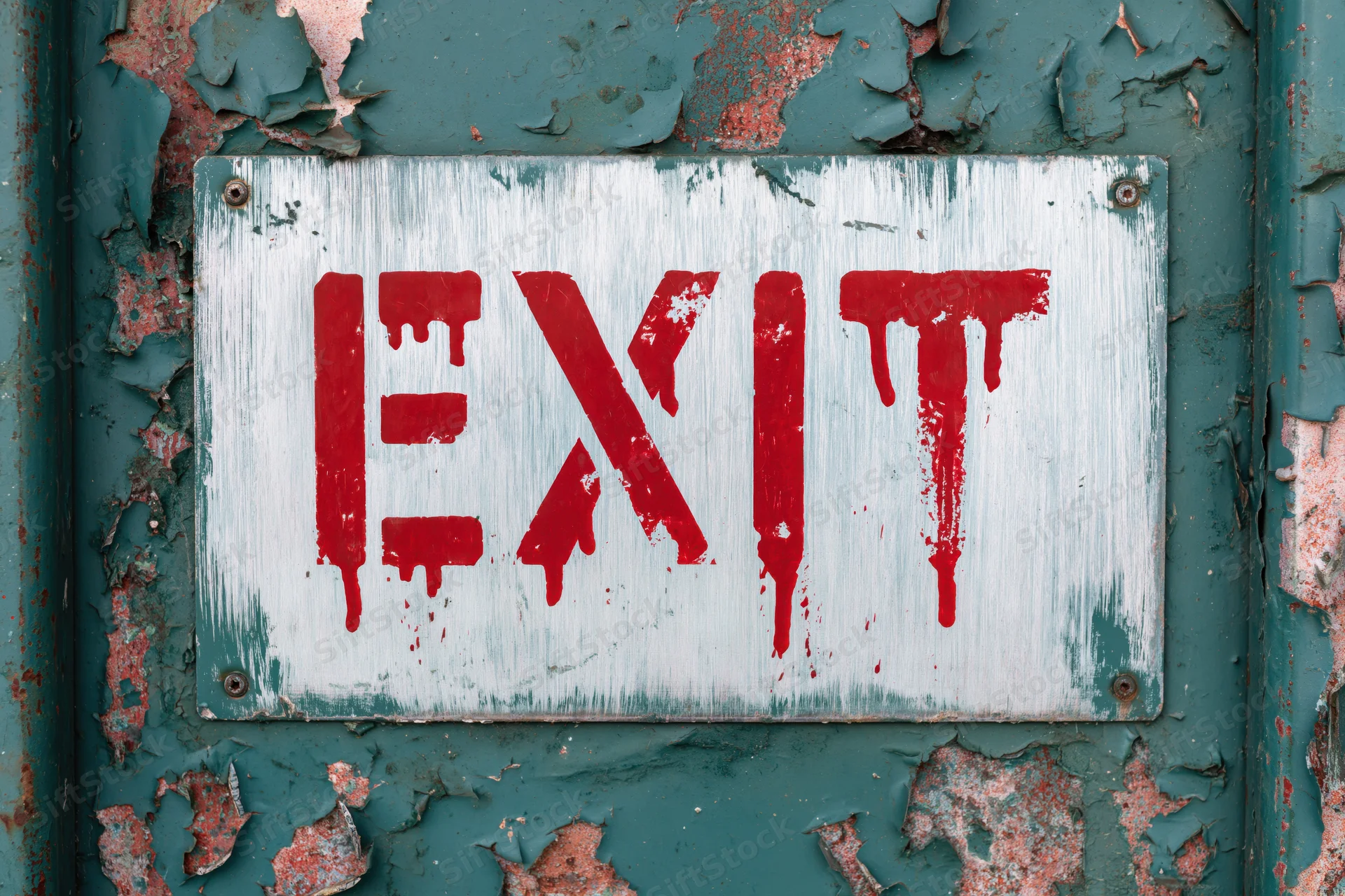 Weathered metal exit sign with peeling red paint on a rusted teal door frame