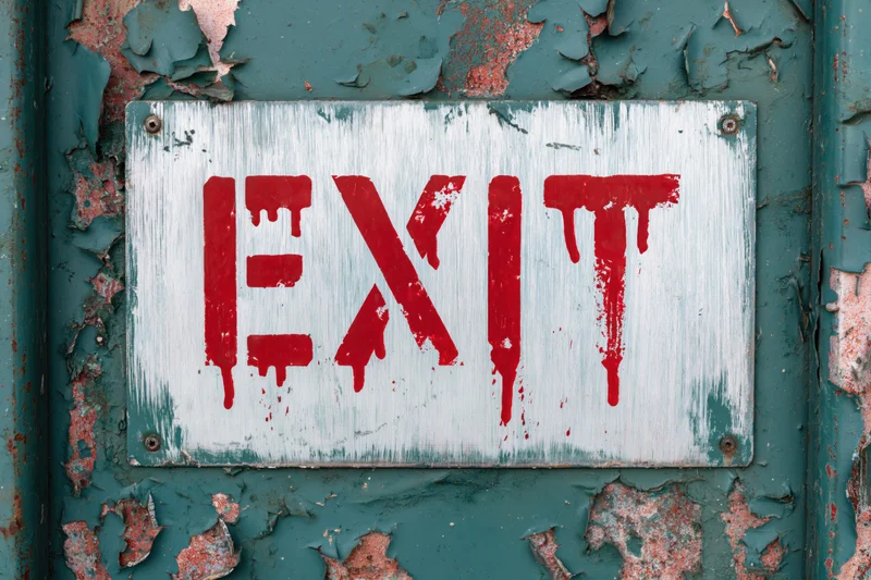 Weathered metal exit sign with peeling red paint on a rusted teal door frame