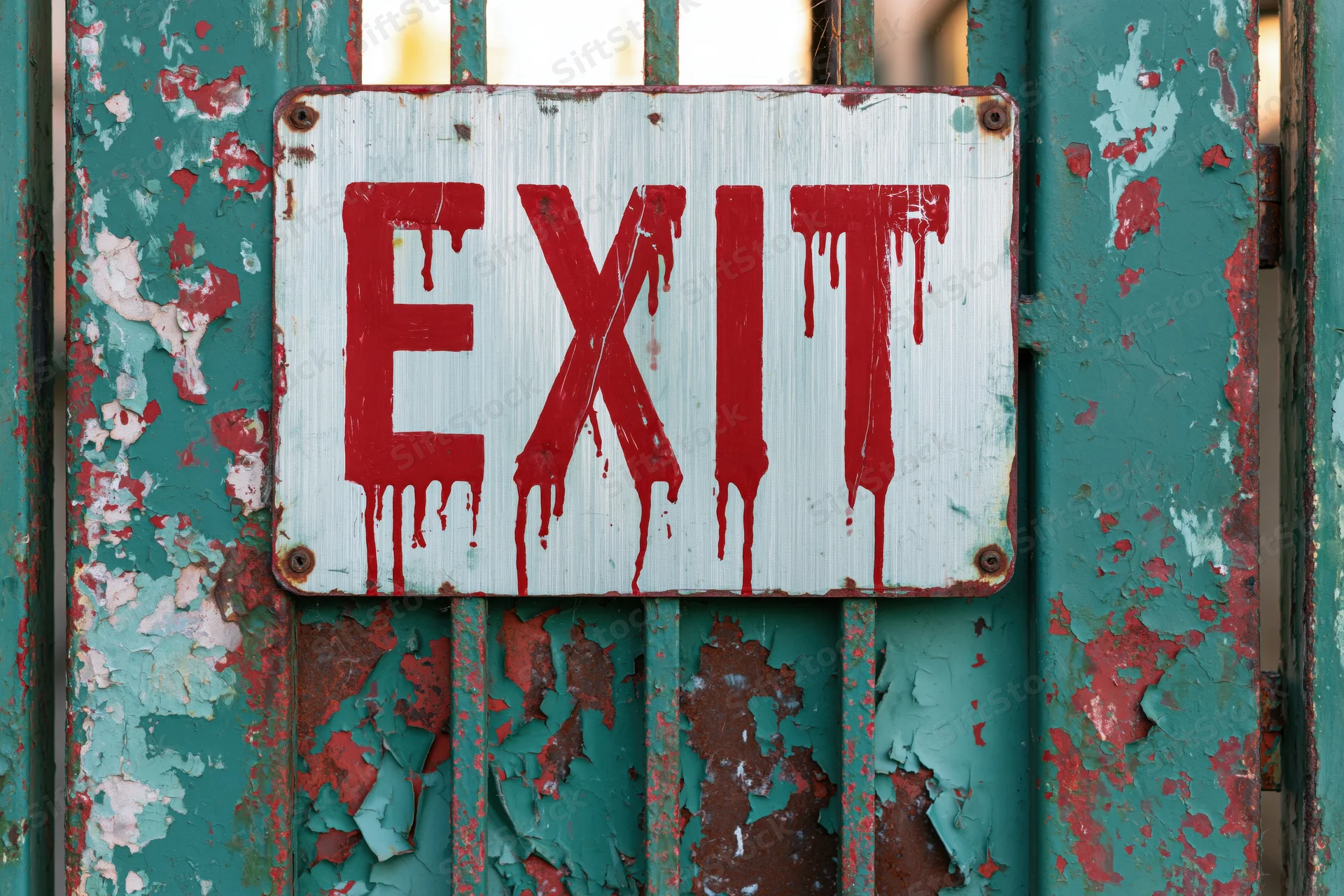 Weathered metal exit sign with dripping red paint mounted on a peeling teal gate