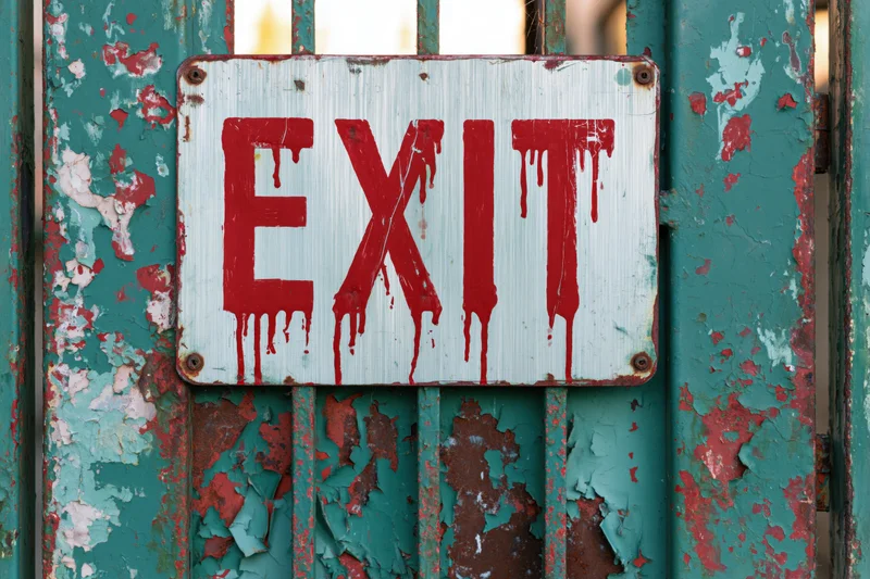 Weathered metal exit sign with dripping red paint mounted on a peeling teal gate