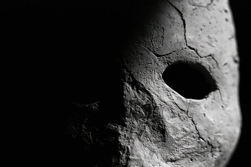 Weathered stone mask emerging from deep shadow, close-up view of cracked surface and eye opening
