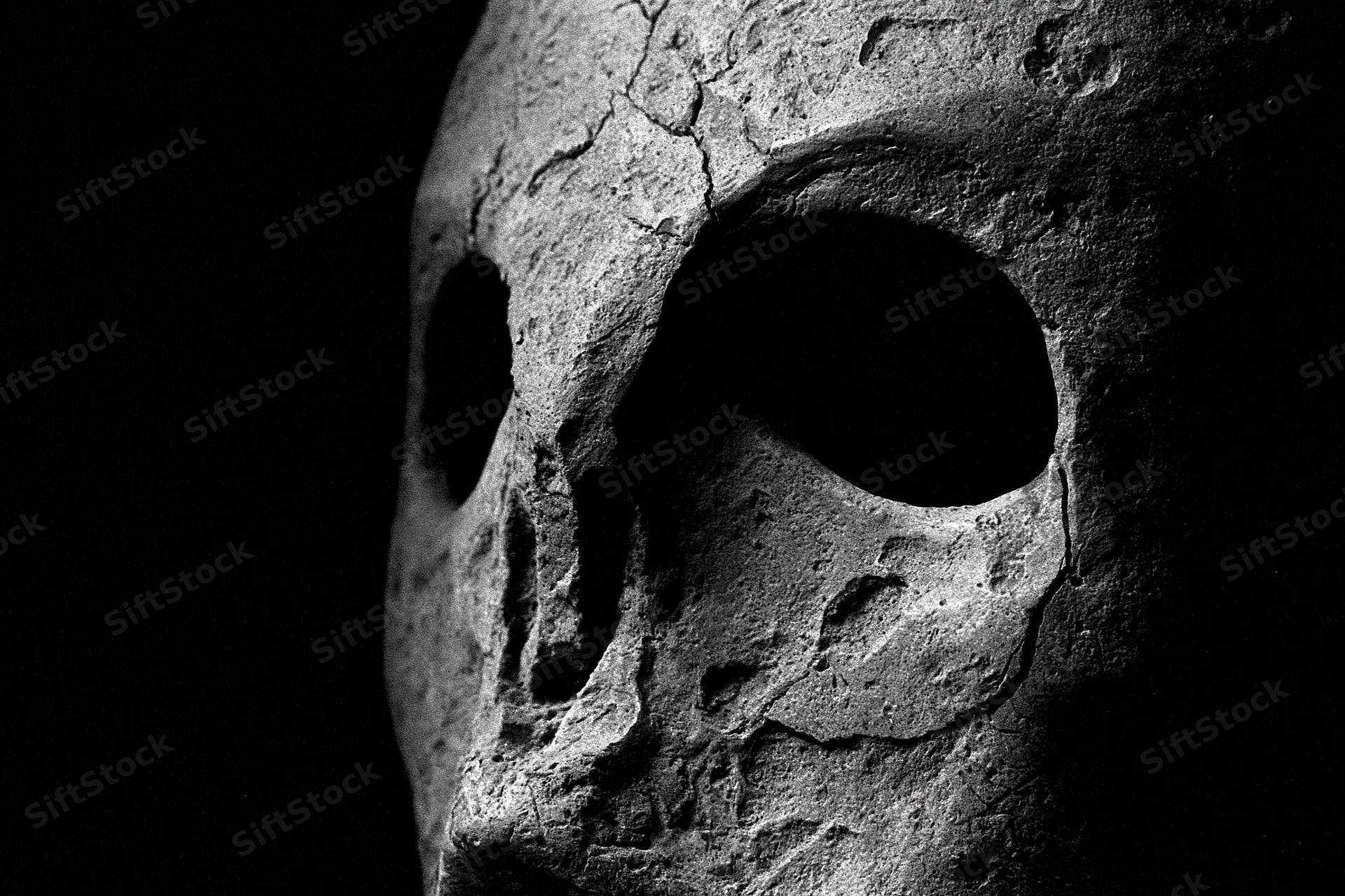 Weathered stone mask in profile emerging from deep shadow