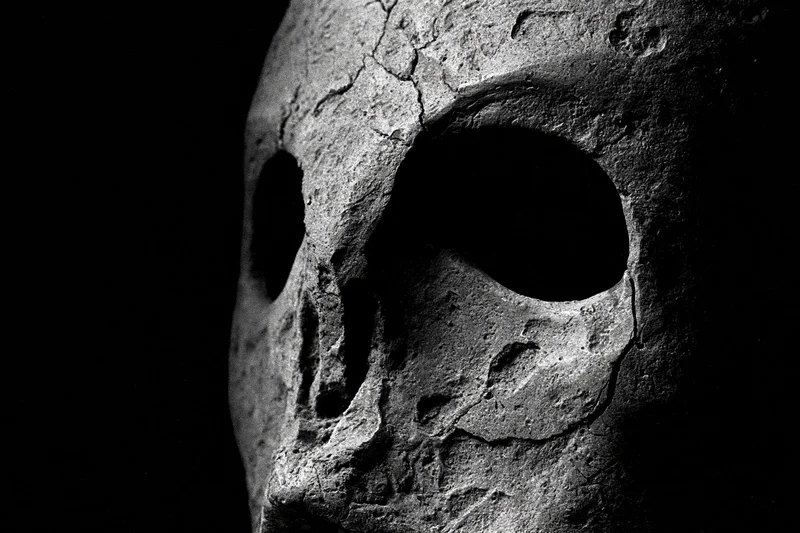 Weathered stone mask in profile emerging from deep shadow