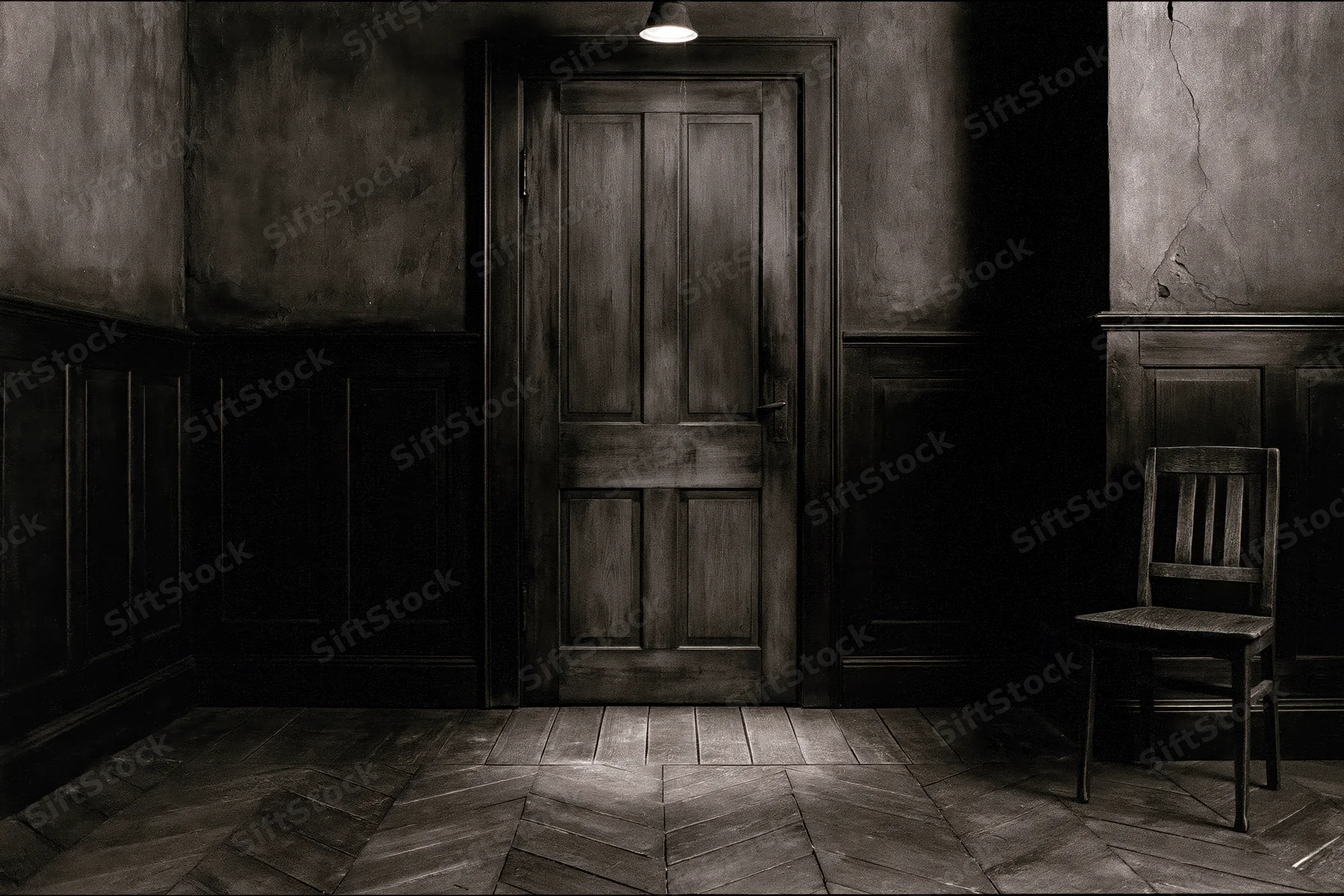 Weathered wooden door centered in dark aged room with spotlight and solitary chair