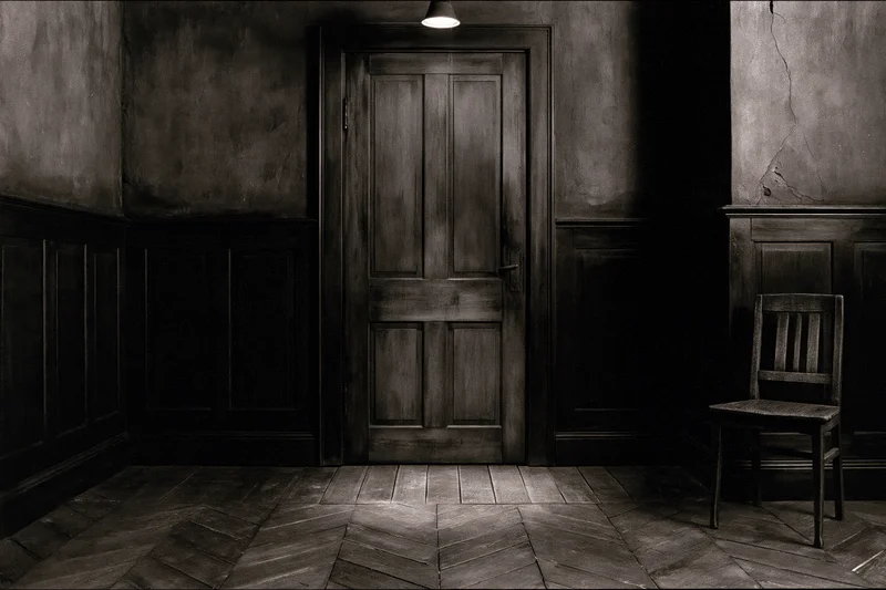 Weathered wooden door centered in dark aged room with spotlight and solitary chair