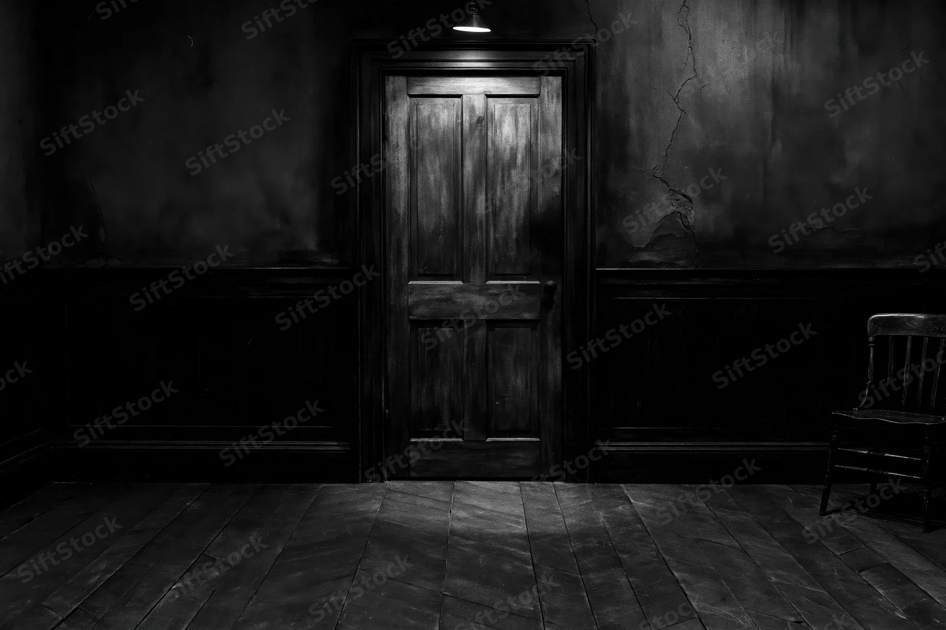 Weathered wooden door centered in a dark aged room with spotlight and cracked walls