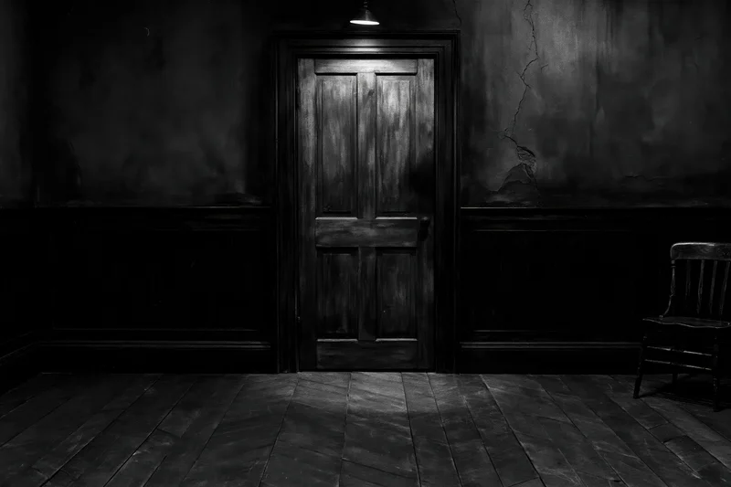 Weathered wooden door centered in a dark aged room with spotlight and cracked walls