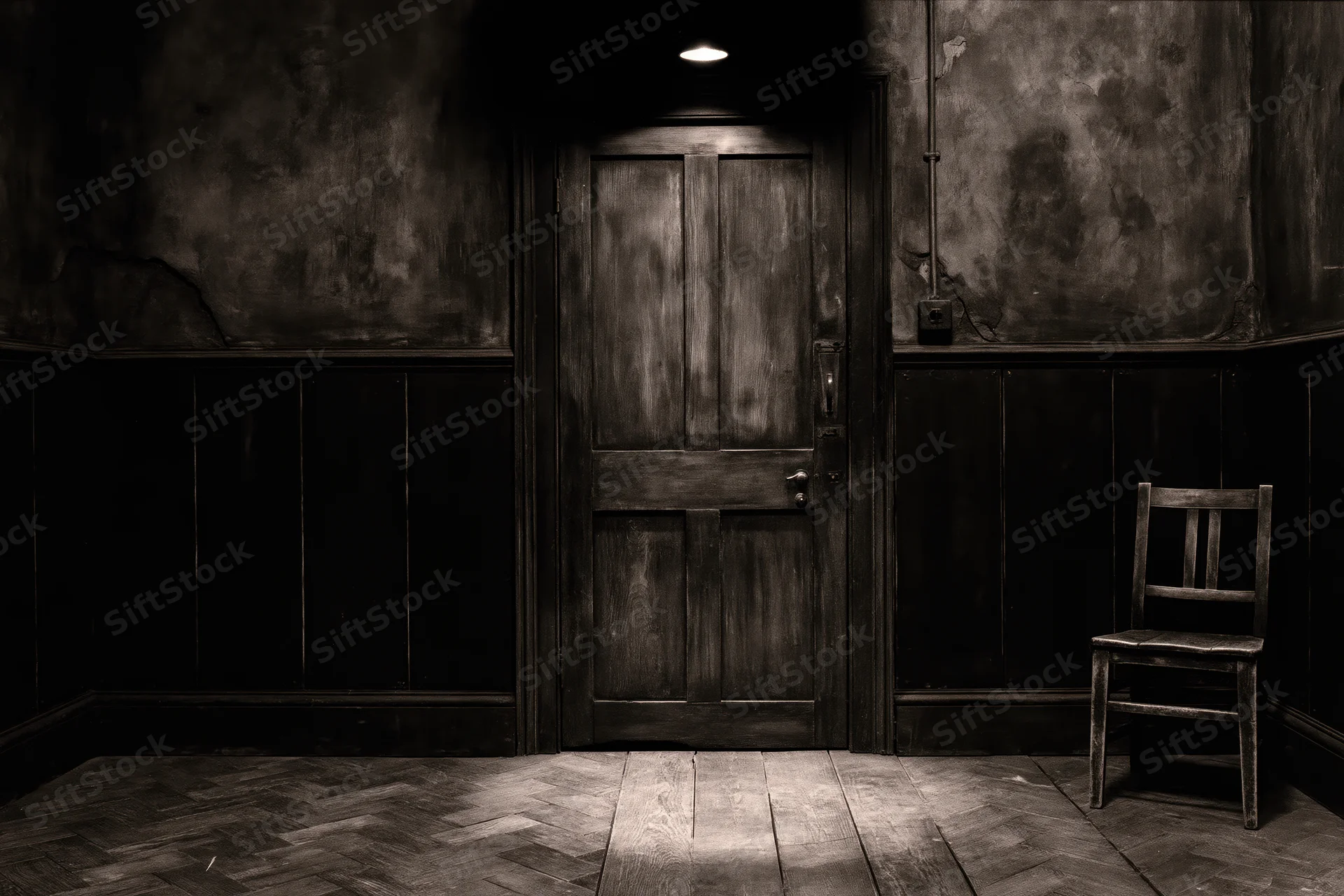 Weathered wooden door centered in a dark aged room with a solitary chair and spotlighted floor