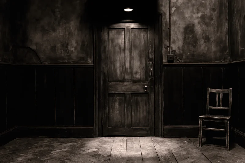 Weathered wooden door centered in a dark aged room with a solitary chair and spotlighted floor