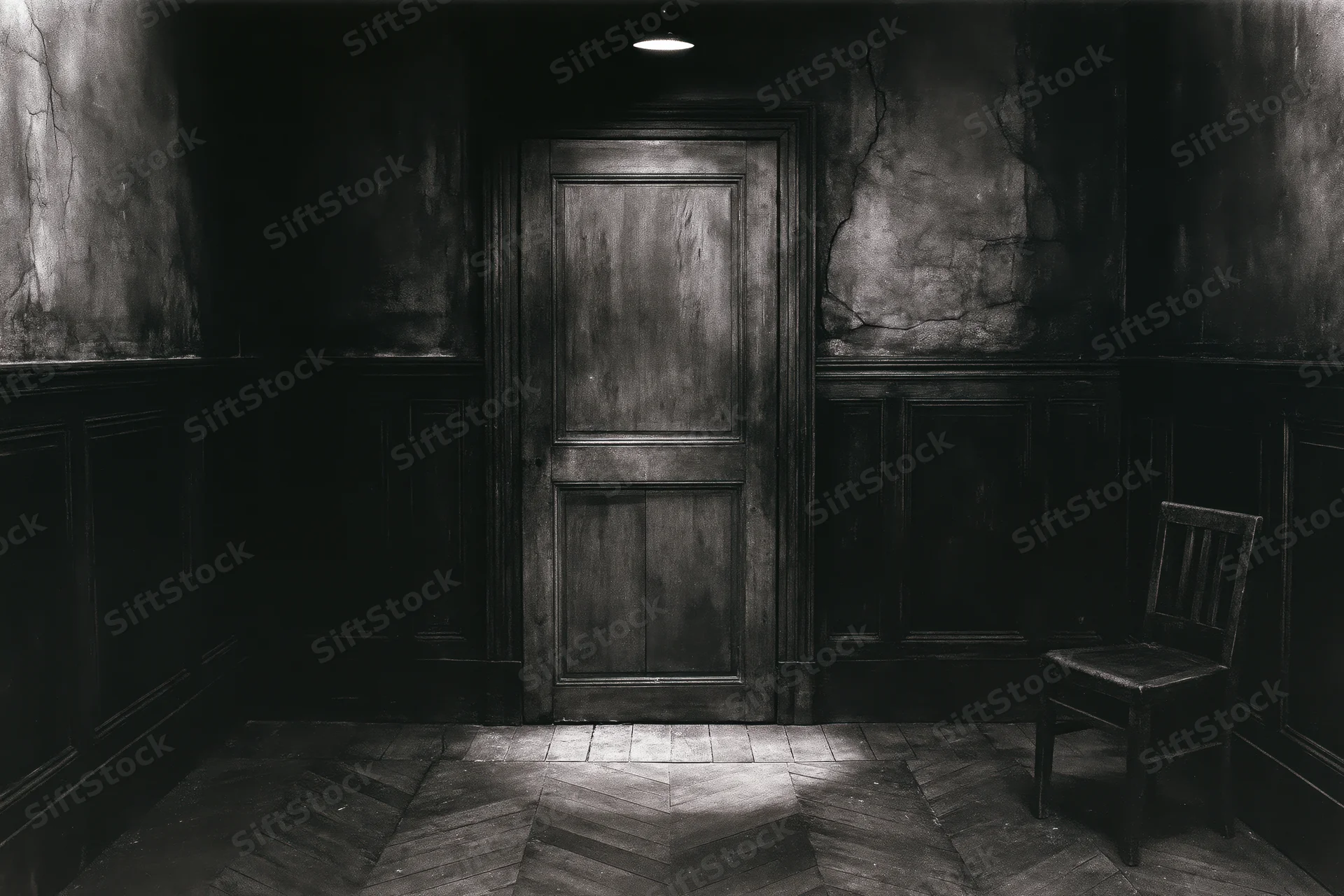Weathered wooden door centered in a dark aged room with cracked walls and a solitary chair under dim light