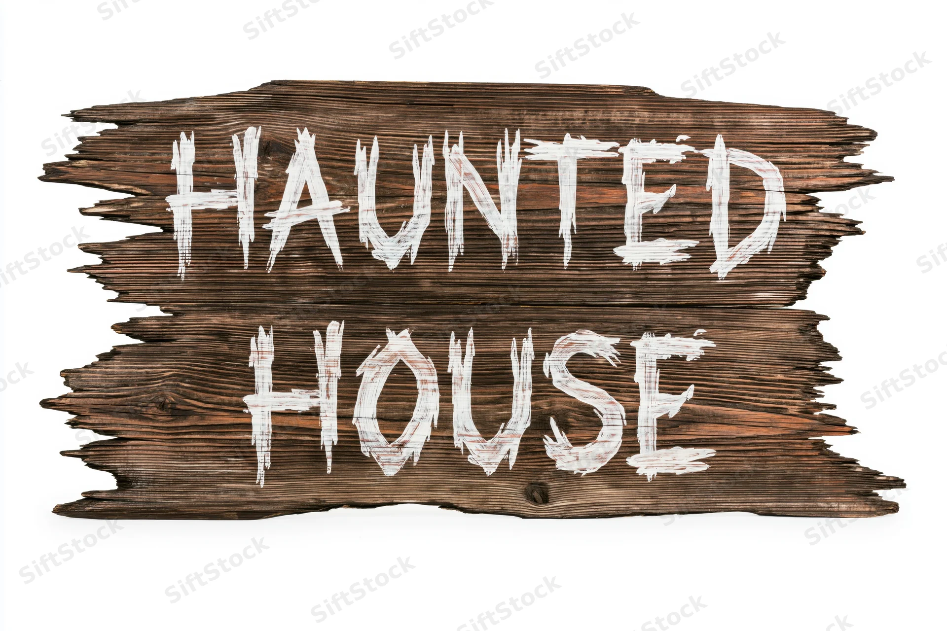 Weathered wooden plank sign with hand-painted white text reading haunted house on white background