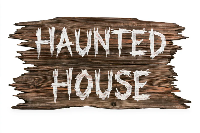 Weathered wooden plank sign with hand-painted white text reading haunted house on white background