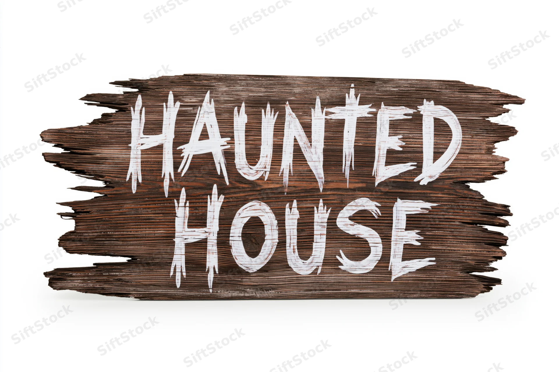 Weathered wooden plank sign with hand-painted white text reading haunted house isolated on white
