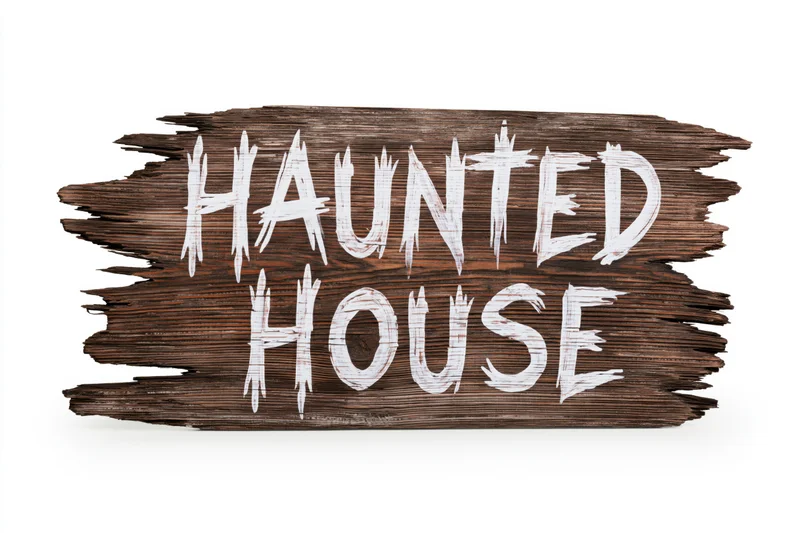 Weathered wooden plank sign with hand-painted white text reading haunted house isolated on white