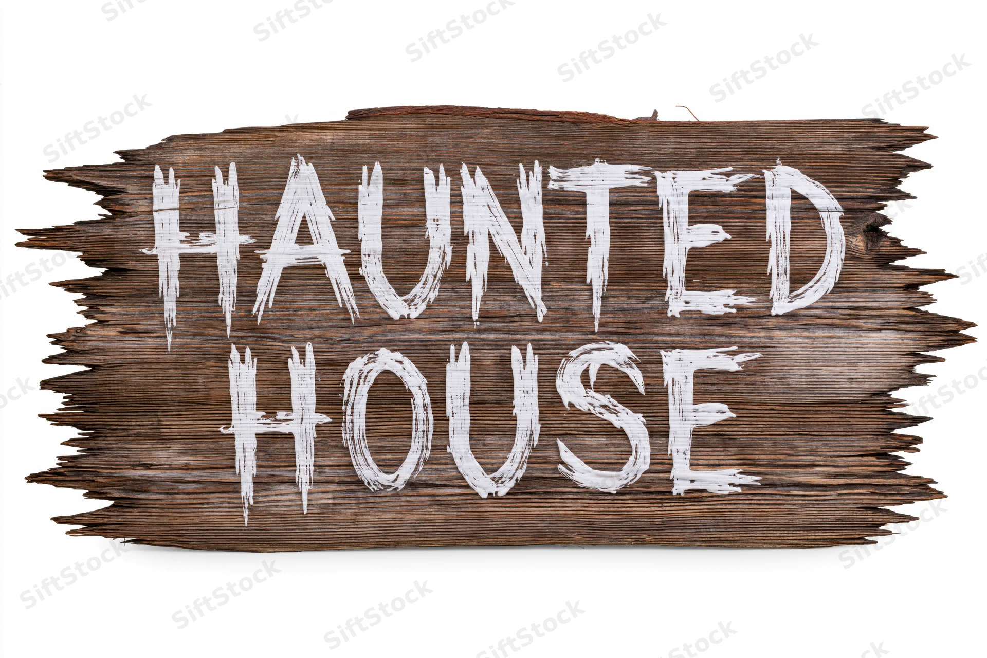 Weathered wooden plank sign with hand-painted white text reading haunted house isolated on white