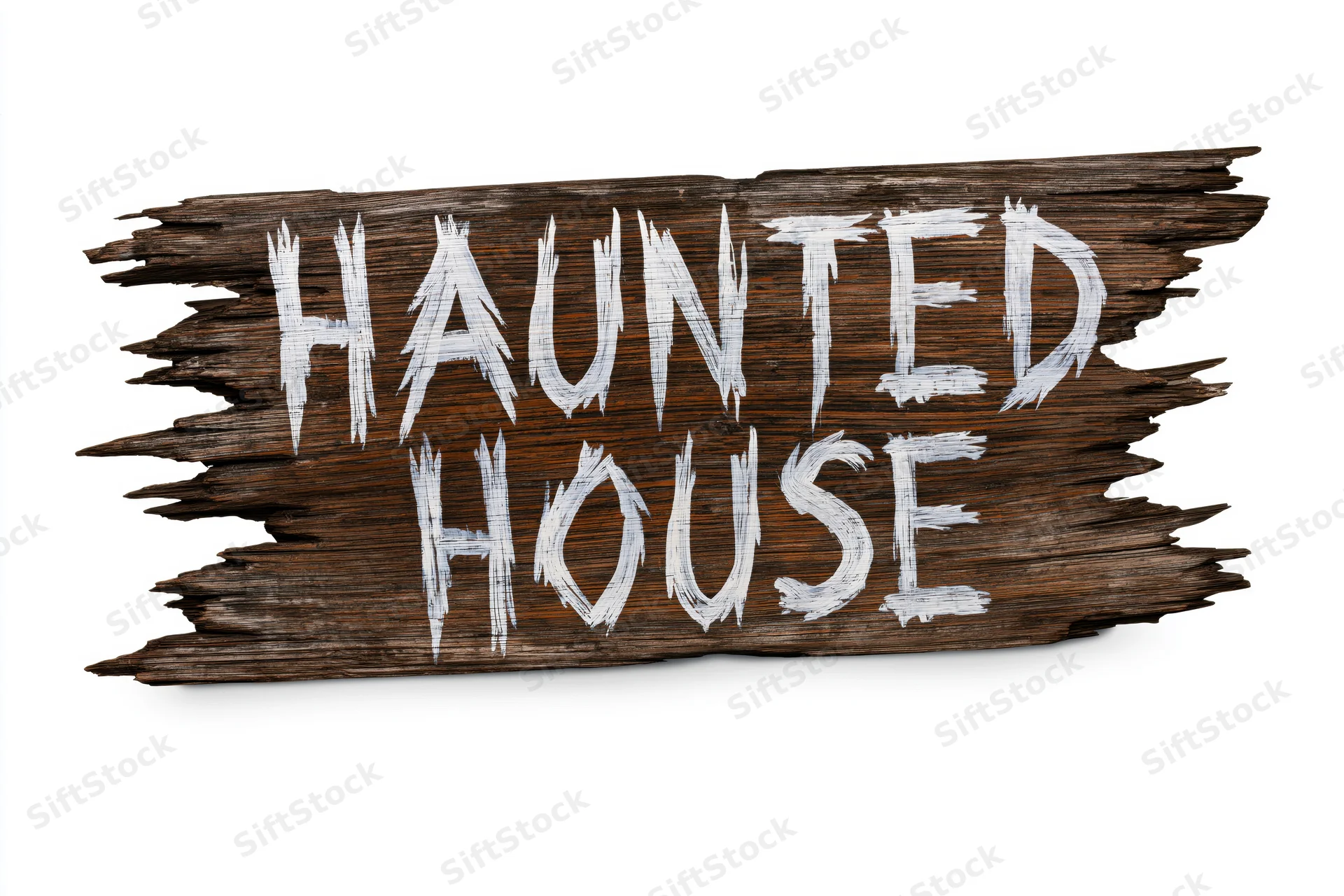 Weathered wooden plank sign with hand-painted white text reading haunted house isolated on white
