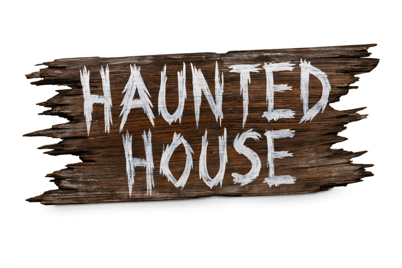 Weathered wooden plank sign with hand-painted white text reading haunted house isolated on white