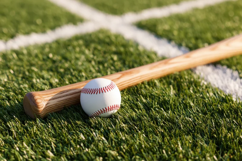 Baseball resting against wooden bat on grass field near white chalk lines