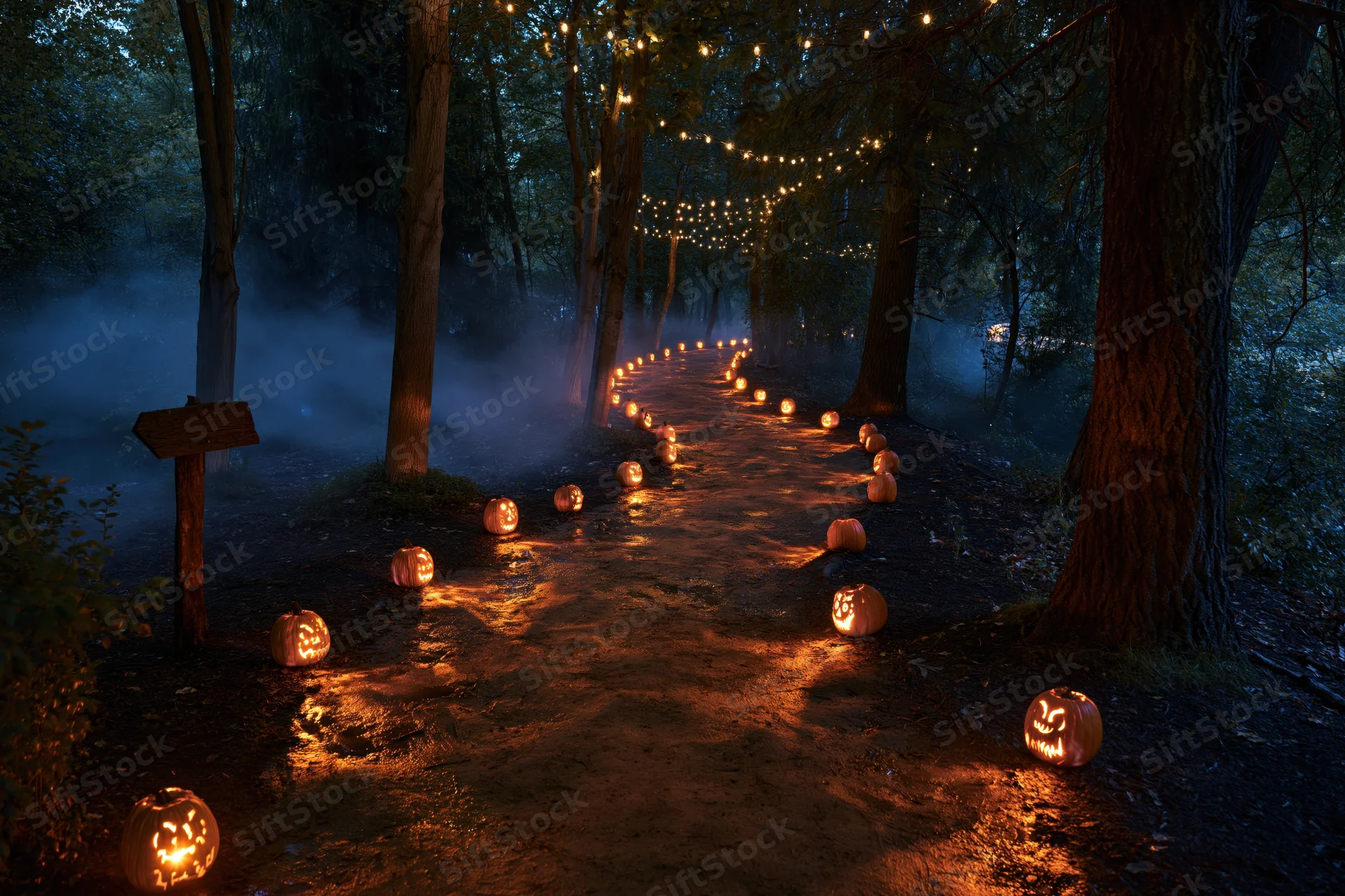 Winding dirt path through dark forest at night lined with glowing jack-o'-lanterns and string lights, surrounded by fog and trees