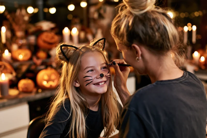 Woman applying halloween face paint to smiling young girl at home with pumpkins and candles