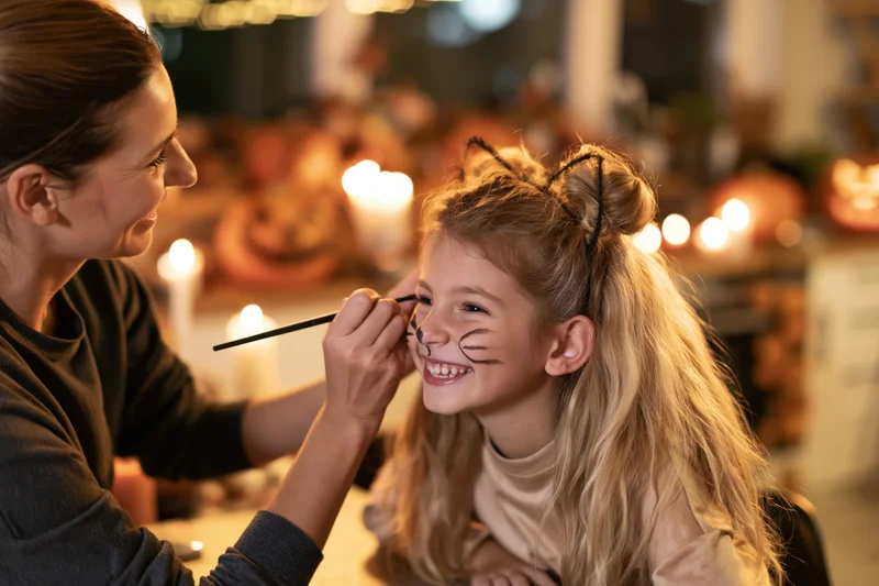 Woman applying face paint to a smiling young girl at home during halloween evening