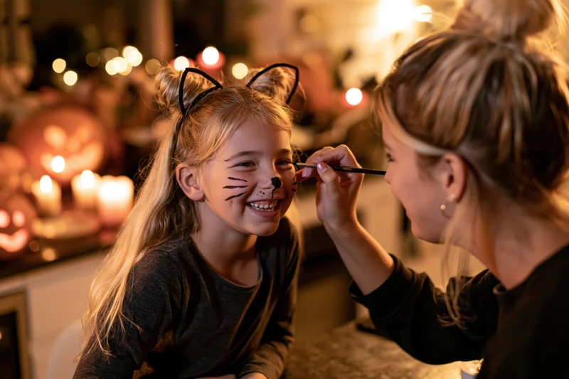 Woman applying face paint to a smiling young girl wearing cat ears at home during halloween evening