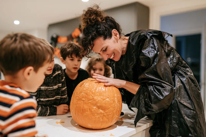 Woman in black costume smiling while carving pumpkin with children at kitchen table