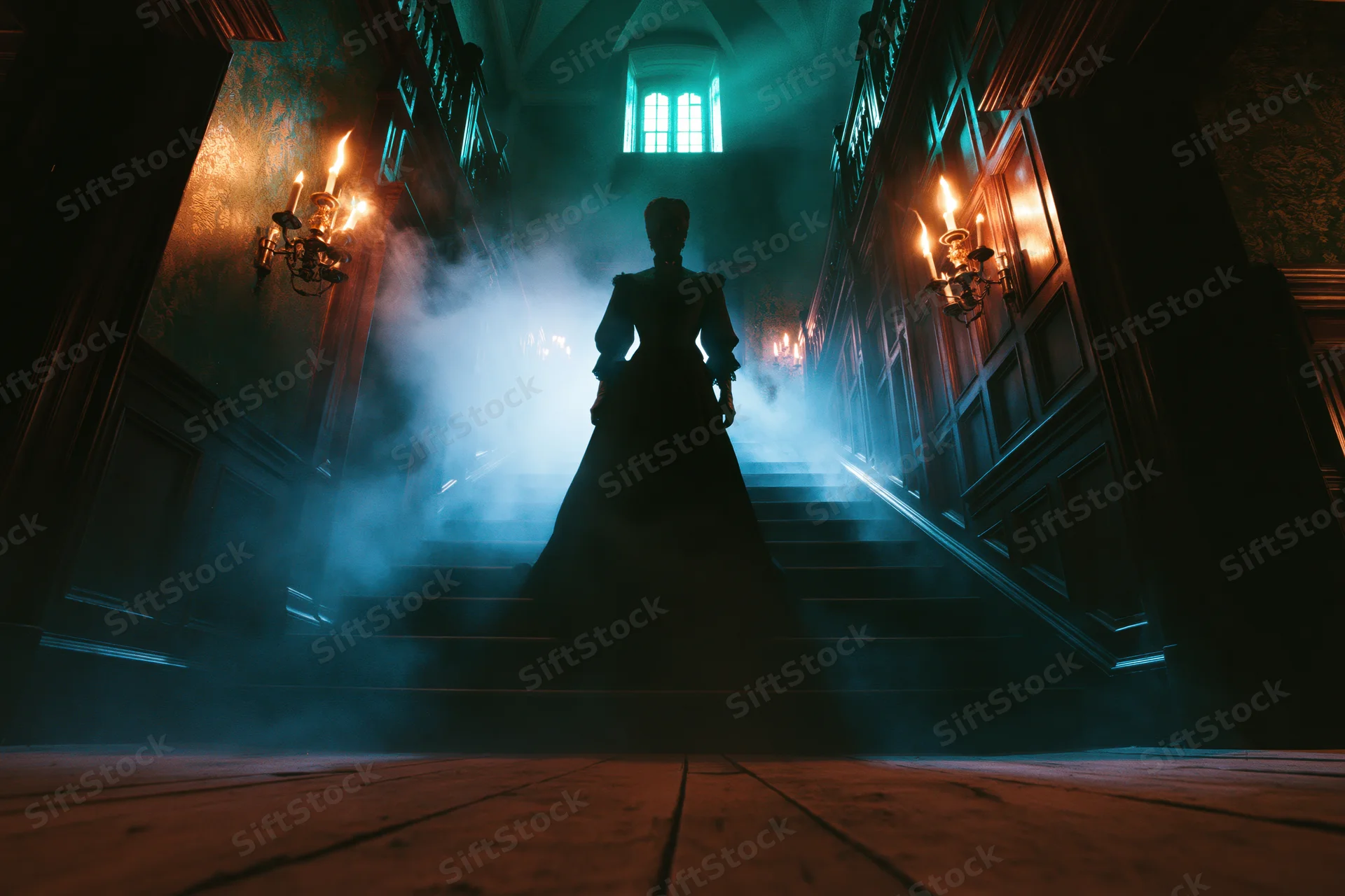 Woman in victorian gown standing on grand staircase in dark mansion interior with fog and candlelight
