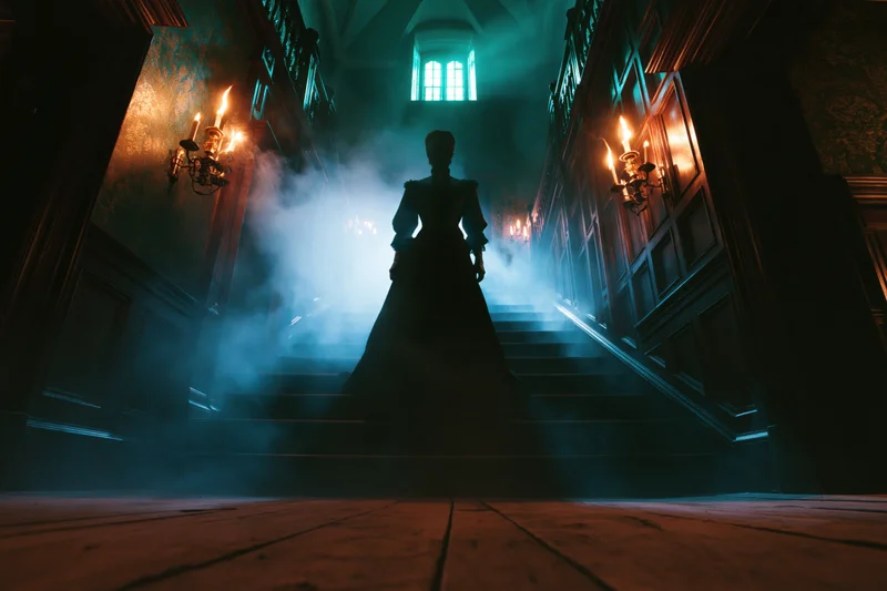 Woman in victorian gown standing on grand staircase in dark mansion interior with fog and candlelight
