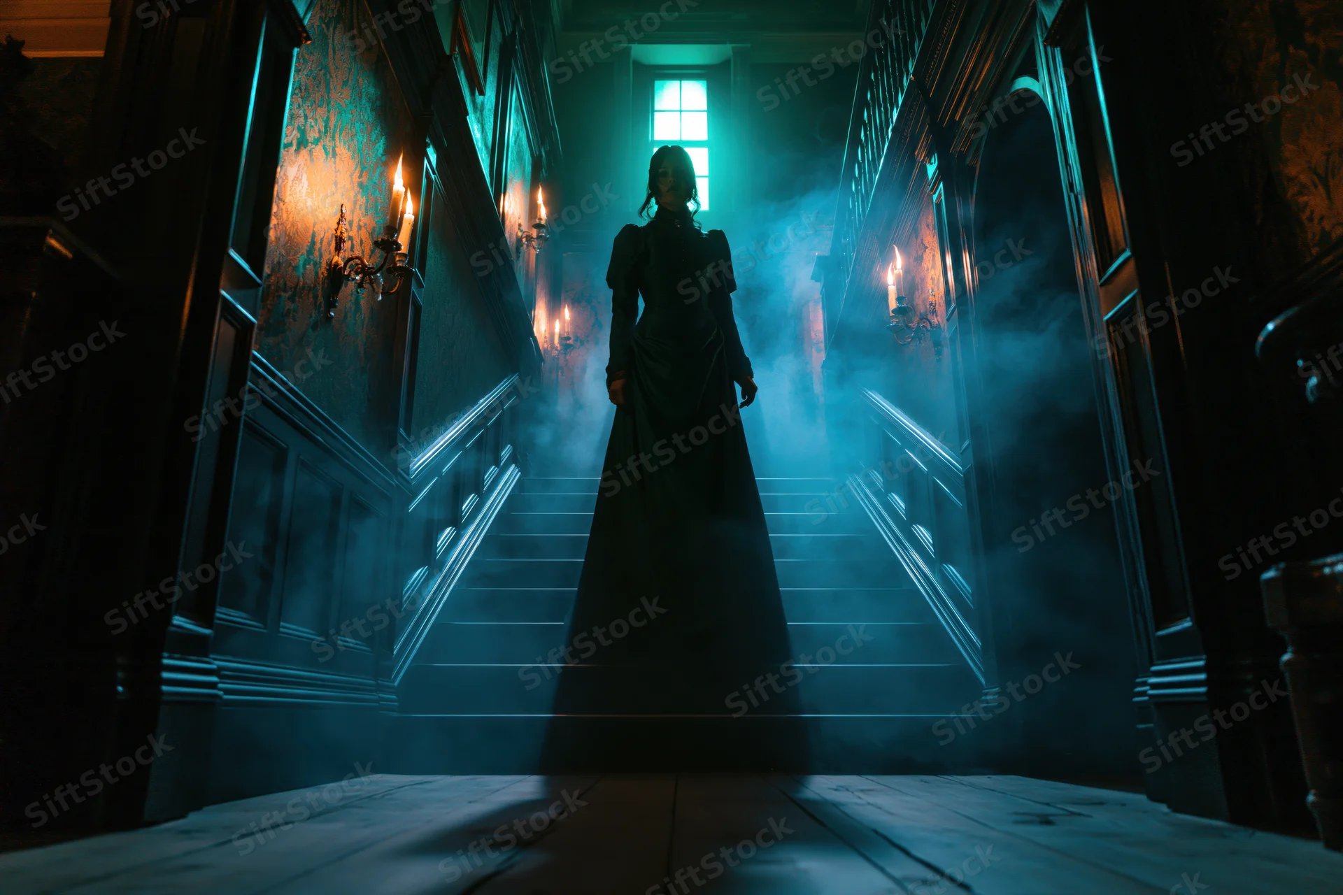Woman in long dark victorian gown standing midway up a misty staircase in a gothic hallway lit by candles and teal light