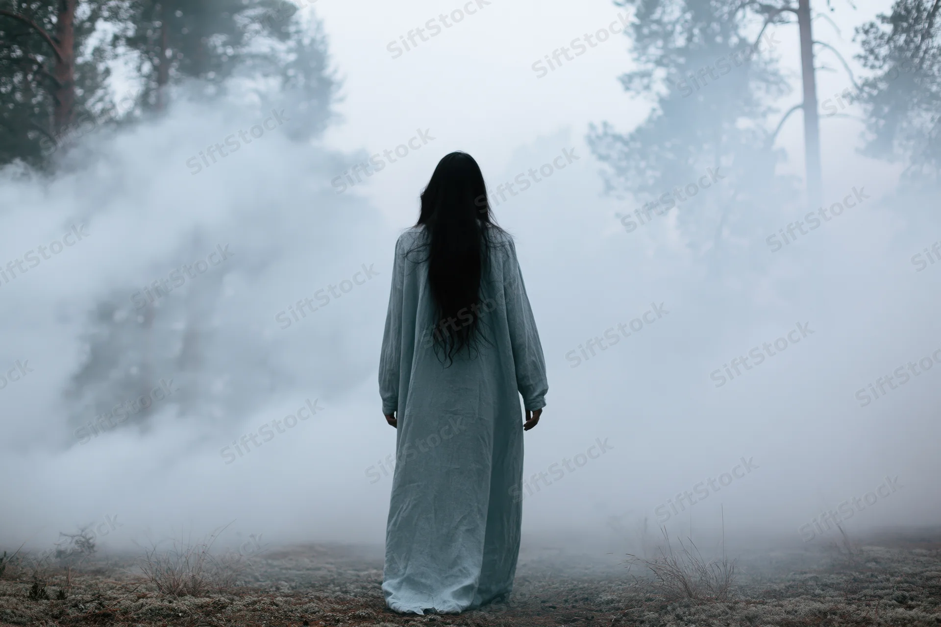 Woman in long gray dress standing with back to camera in foggy forest